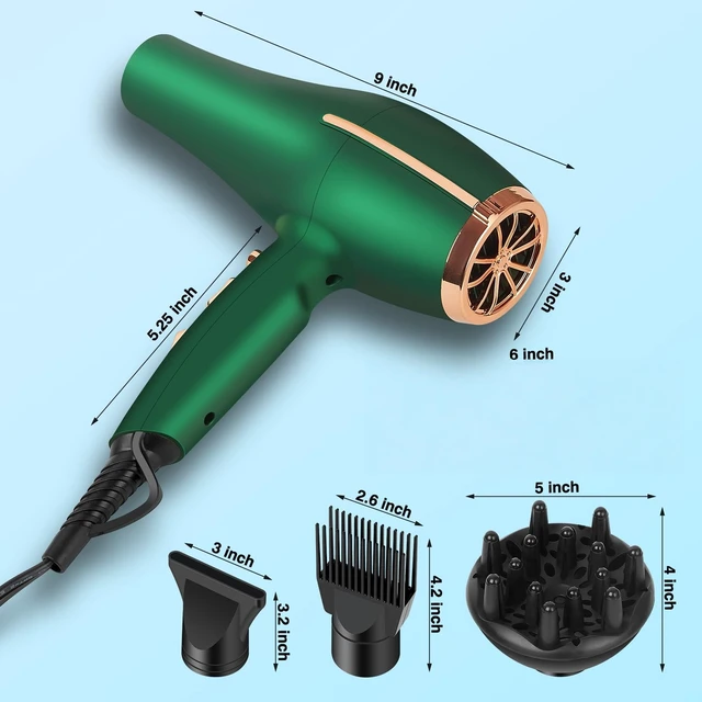 Alt view image 9 of 12 - 2000 Watt Negative Ionic Hair Dryer, Professional Salon Blow Dryer, Low Noise Fast Drying & Powerful AC Motor and Diffuser Comb for Men Women,3 Heat & 2 Speed Settings, Easy to Use- Green