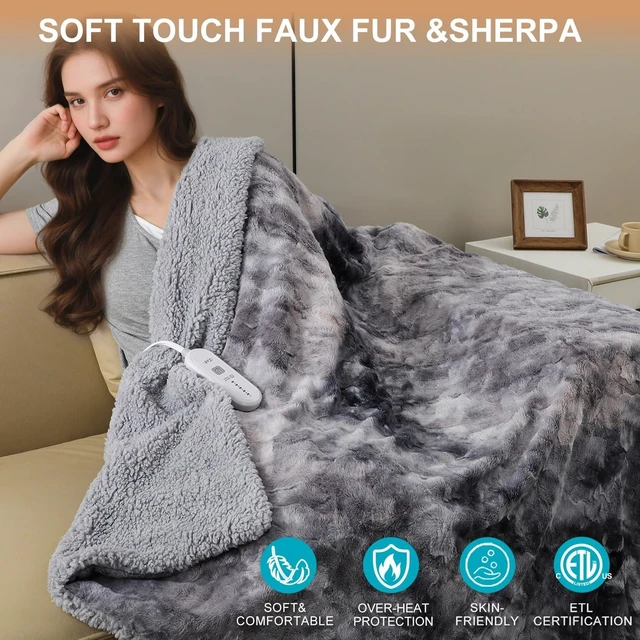 Alt view image 12 of 14 - Heated Blanket Full Size,Faux Fur Electric Blanket, Grey | Tie Dye ,72x84Inch Single Controller, 5 Heating Levels, 10 Hours Auto-Off, Machine Washable