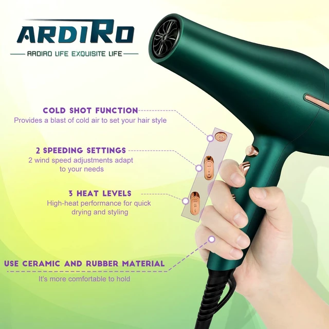 Alt view image 11 of 12 - 2000 Watt Negative Ionic Hair Dryer, Professional Salon Blow Dryer, Low Noise Fast Drying & Powerful AC Motor and Diffuser Comb for Men Women,3 Heat & 2 Speed Settings, Easy to Use- Green