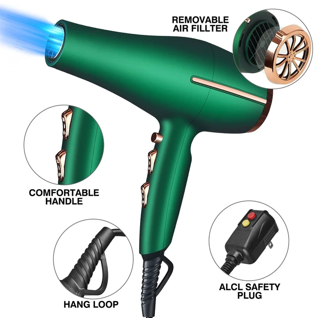 Alt view image 10 of 12 - 2000 Watt Negative Ionic Hair Dryer, Professional Salon Blow Dryer, Low Noise Fast Drying & Powerful AC Motor and Diffuser Comb for Men Women,3 Heat & 2 Speed Settings, Easy to Use- Green