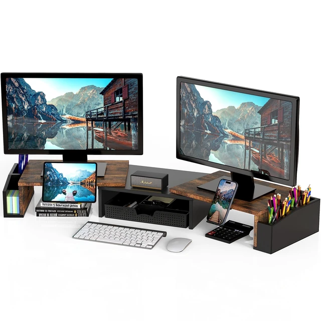 Alt view image 6 of 10 - Desk Dual Monitor Stand Riser with Drawer, Rustic Brown | Customizable Organizer Tray, Built-In Phone & Tablet Slot and Side Storage