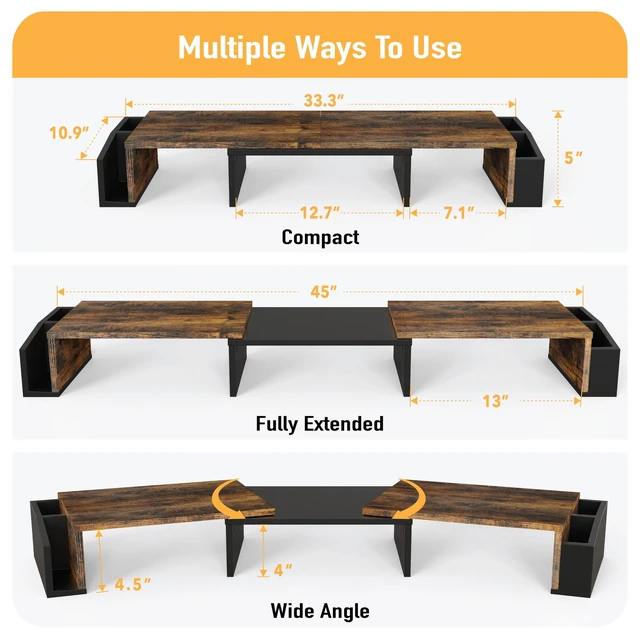 Alt view image 8 of 10 - Desk Dual Monitor Stand Riser with Drawer, Rustic Brown | Customizable Organizer Tray, Built-In Phone & Tablet Slot and Side Storage