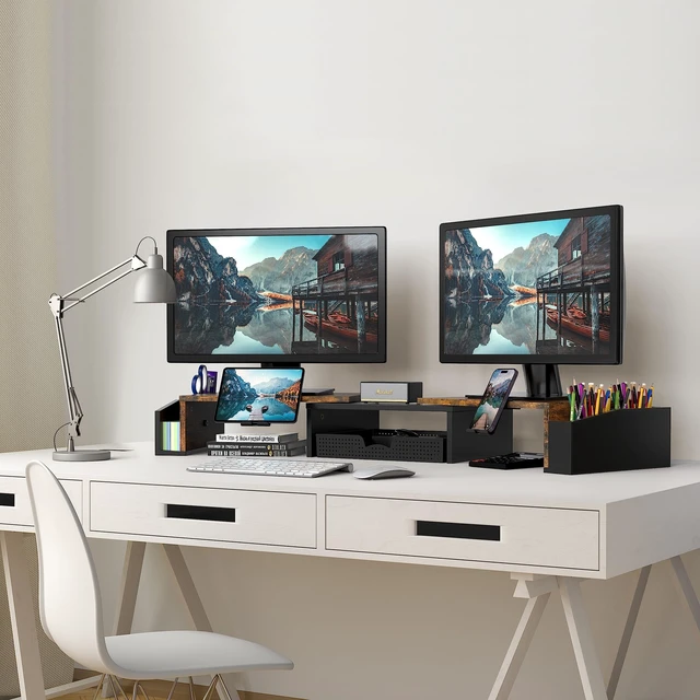 Alt view image 10 of 10 - Desk Dual Monitor Stand Riser with Drawer, Rustic Brown | Customizable Organizer Tray, Built-In Phone & Tablet Slot and Side Storage