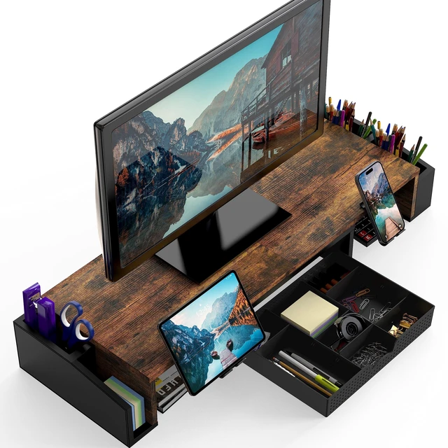 Alt view image 7 of 10 - Desk Dual Monitor Stand Riser with Drawer, Rustic Brown | Customizable Organizer Tray, Built-In Phone & Tablet Slot and Side Storage