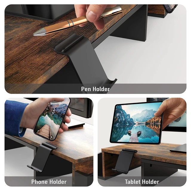 Alt view image 9 of 10 - Desk Dual Monitor Stand Riser with Drawer, Rustic Brown | Customizable Organizer Tray, Built-In Phone & Tablet Slot and Side Storage
