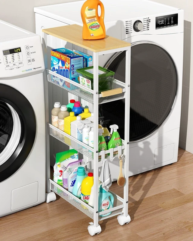 Alt view image 8 of 14 - 4-Tier Slim Utility Rolling Laundry Cart with Wheels, White | 7.2" Wide for Narrow Spaces, Wood Top with Metal Frame, Mobile Storage Shelves for Bathroom, Kitchen, Office