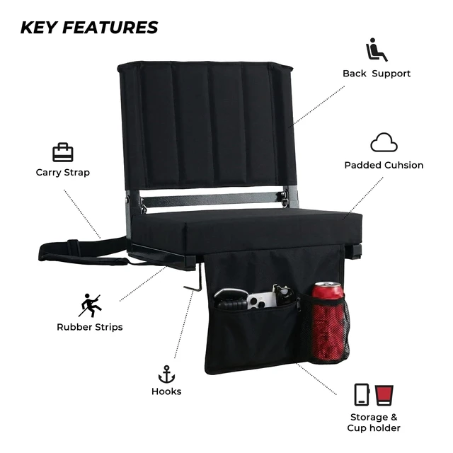 Alt view image 9 of 14 - Stadium Seats with Back Support Folding Chair for Bleachers | 2.8" Thick Padded Bleacher Chairs, Folding Portable Stadium Seat with Anti-Tip Hooks, Back Support & Shoulder Strap