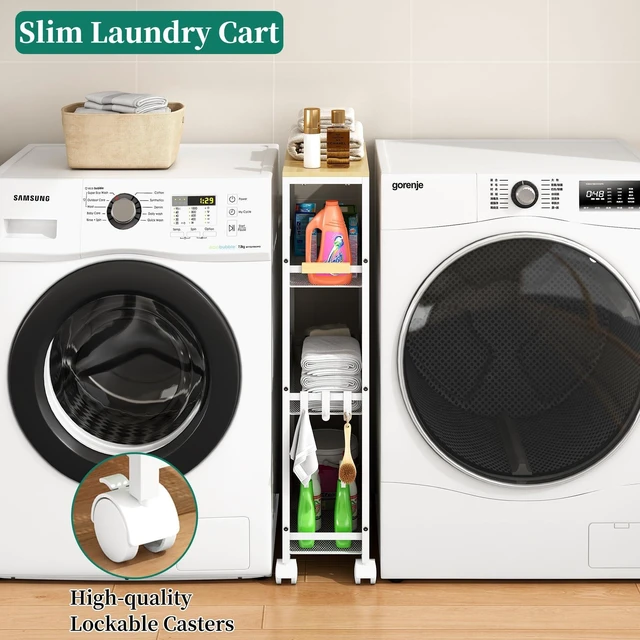 Alt view image 10 of 14 - 4-Tier Slim Utility Rolling Laundry Cart with Wheels, White | 7.2" Wide for Narrow Spaces, Wood Top with Metal Frame, Mobile Storage Shelves for Bathroom, Kitchen, Office