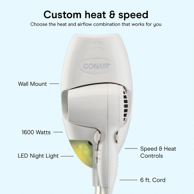 Alt view image 11 of 14 - Wall Mount Hair Dryer, Built-In LED Night Light, 1600W, White | Space-saving electric blow dryer for fine, medium, and thick hair with customizable speed/heat controls and 6-foot cord