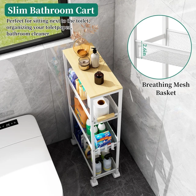 Alt view image 9 of 14 - 4-Tier Slim Utility Rolling Laundry Cart with Wheels, White | 7.2" Wide for Narrow Spaces, Wood Top with Metal Frame, Mobile Storage Shelves for Bathroom, Kitchen, Office