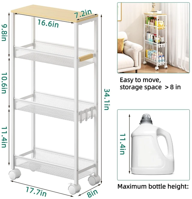 Alt view image 12 of 14 - 4-Tier Slim Utility Rolling Laundry Cart with Wheels, White | 7.2" Wide for Narrow Spaces, Wood Top with Metal Frame, Mobile Storage Shelves for Bathroom, Kitchen, Office