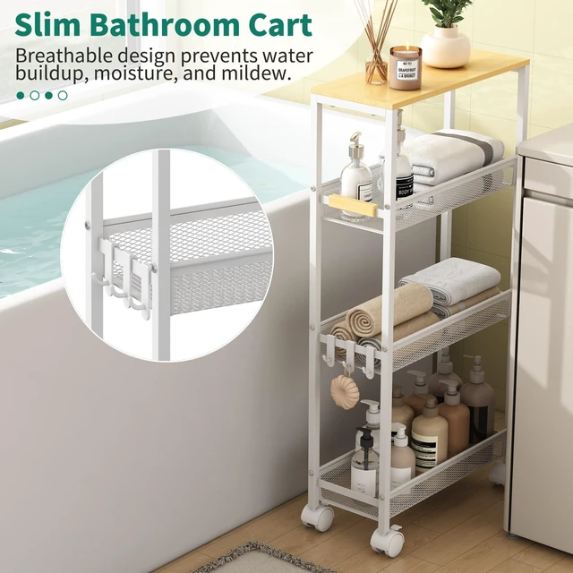 Alt view image 13 of 14 - 4-Tier Slim Utility Rolling Laundry Cart with Wheels, White | 7.2" Wide for Narrow Spaces, Wood Top with Metal Frame, Mobile Storage Shelves for Bathroom, Kitchen, Office