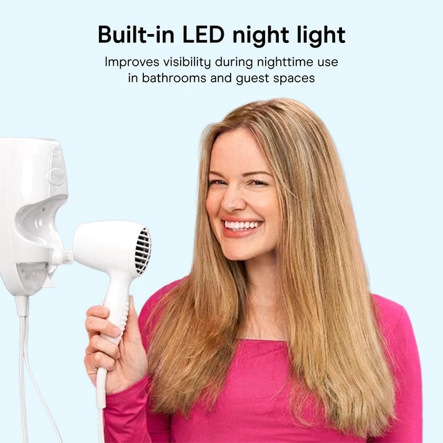 Alt view image 12 of 14 - Wall Mount Hair Dryer, Built-In LED Night Light, 1600W, White | Space-saving electric blow dryer for fine, medium, and thick hair with customizable speed/heat controls and 6-foot cord