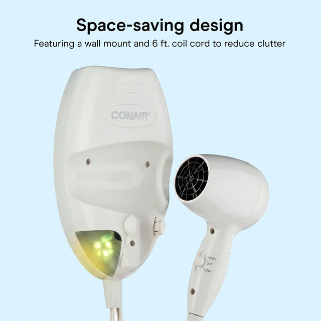 Alt view image 13 of 14 - Wall Mount Hair Dryer, Built-In LED Night Light, 1600W, White | Space-saving electric blow dryer for fine, medium, and thick hair with customizable speed/heat controls and 6-foot cord
