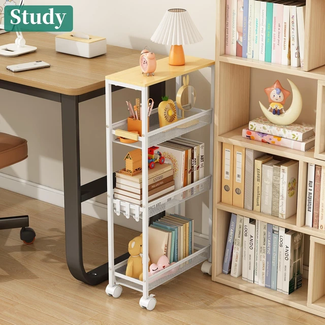 Alt view image 14 of 14 - 4-Tier Slim Utility Rolling Laundry Cart with Wheels, White | 7.2" Wide for Narrow Spaces, Wood Top with Metal Frame, Mobile Storage Shelves for Bathroom, Kitchen, Office