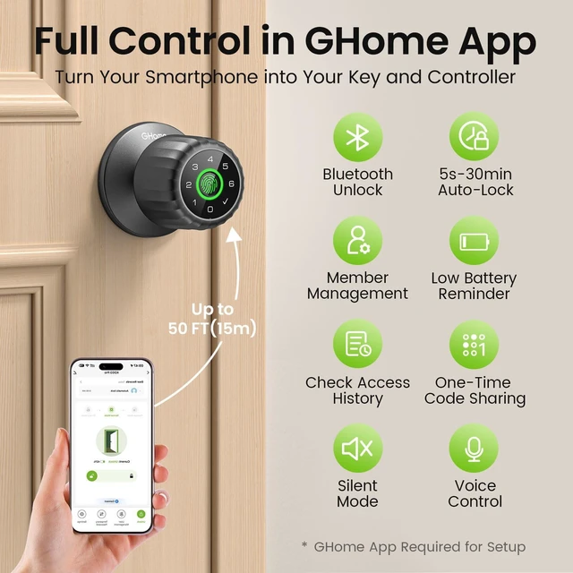 Alt view image 12 of 14 - Fingerprint Door Lock, 4-in-1 Smart Lock with Removable Battery | Smart Fingerprint Door Knob with Keypad, App Control, Black Biometric Door Knob with Lock, Auto Lock for Bedroom, Home Office