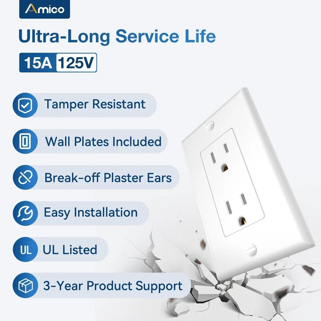 Alt view image 9 of 14 - 30 Pack 15 Amp Standard Electrical Outlets UL Listed | Tamper Resistant 2-Pole 3-Wire NEMA 5-15R Wall Outlets with Screw Wall Plates, For Residential & Commercial Use, White