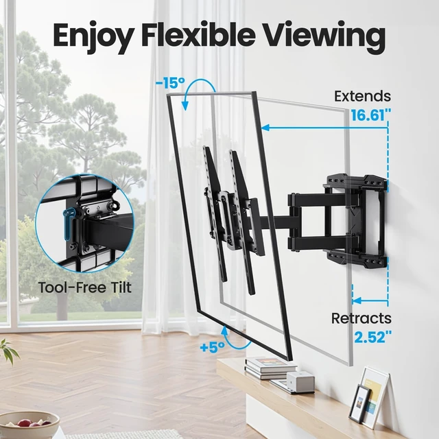 Alt view image 12 of 14 - Full Motion TV Wall Mount Bracket for 65 70 75 85 86 90 inch TVs | UL Listed for 37-90" TV, Hold 132lbs, Swivel +/-45°, Tilt +5/-15°, Level +/-4°, 16.61" Extension, VESA600x400mm, Fit 16" Stud