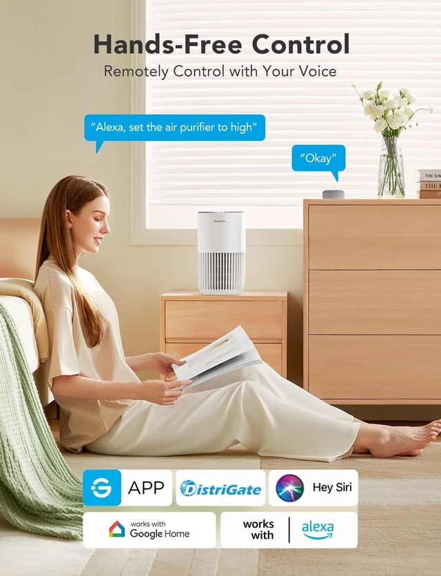 Alt view image 9 of 14 - Smart Mini Air Purifier for Bedroom, with App & Alexa Control | HEPA Filter, Portable Air Cleaner with 3 Speeds, 2 Modes, Aroma for Pet Hair, Odors, Pollen, Home, White