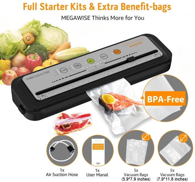 Alt view image 9 of 12 - Updated Vacuum Sealer Machine 2025, MEGAWISE Food Sealer w/Starter Kit, Dry & Moist Food Modes, Compact Design with 10 Vacuum Bags & Built-in Cutter (Grey)