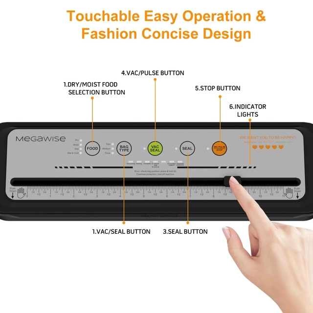 Alt view image 12 of 12 - Updated Vacuum Sealer Machine 2025, MEGAWISE Food Sealer w/Starter Kit, Dry & Moist Food Modes, Compact Design with 10 Vacuum Bags & Built-in Cutter (Grey)