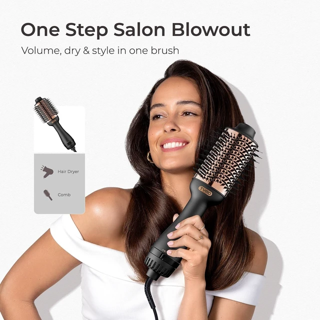 Alt view image 12 of 14 - Hair Dryer Brush Blow Dryer Brush in One, 4 in 1 Hairdryer and Styler | Volumizer with Oval Titanium Barrel, 60M Ionic Hot Air Straightener for Smooth Frizz-Free Salon Blowout, Gold, 2.85 Inch