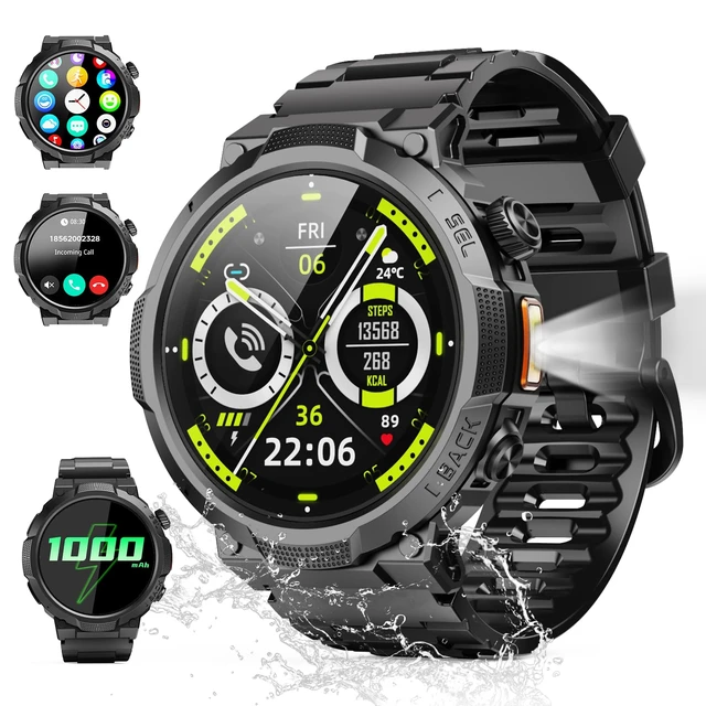 Alt view image 8 of 14 - Military Smart Watch for Men, 50+ Day Battery Life, Bluetooth Call | 1.53" HD, 110+ sports modes, heart rate/sleep monitor, IP68 waterproof, Fitness Watch with LED Flashlight for iOS/Android