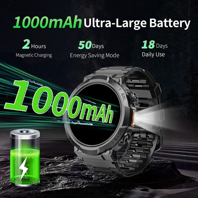 Alt view image 10 of 14 - Military Smart Watch for Men, 50+ Day Battery Life, Bluetooth Call | 1.53" HD, 110+ sports modes, heart rate/sleep monitor, IP68 waterproof, Fitness Watch with LED Flashlight for iOS/Android
