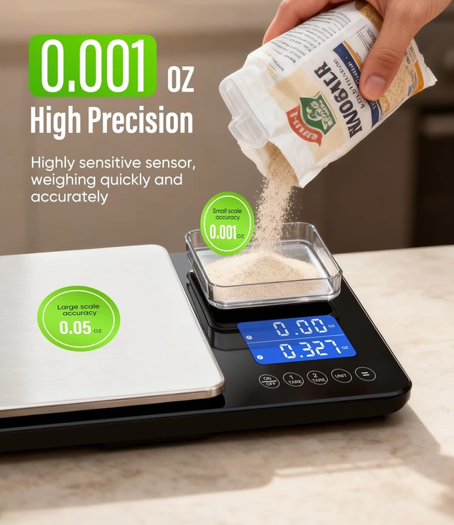 Alt view image 9 of 14 - Digital Dual Platform Kitchen Scale, 33 lb Large & 1.1 lb Mini Food Scale with Dual-Line LCD Display, Stainless Steel, High Precision for Baking, Cooking, and Meal Prep