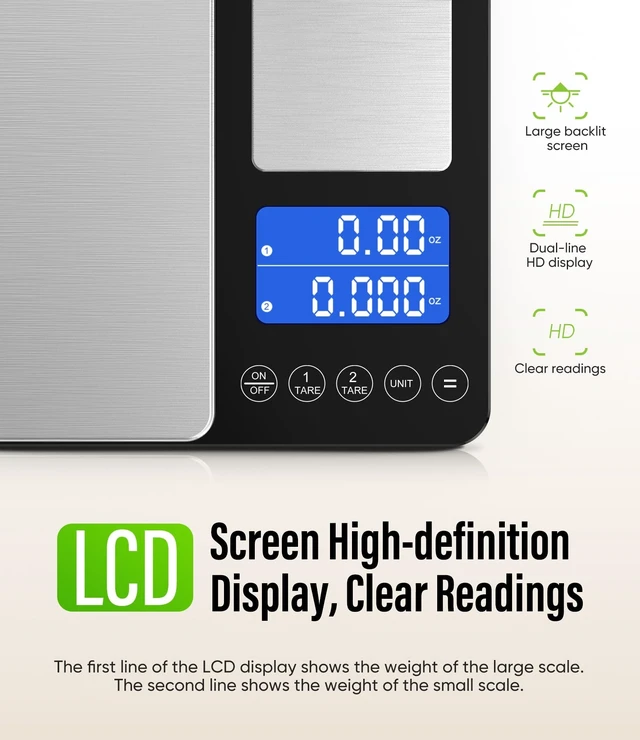 Alt view image 11 of 14 - Digital Dual Platform Kitchen Scale, 33 lb Large & 1.1 lb Mini Food Scale with Dual-Line LCD Display, Stainless Steel, High Precision for Baking, Cooking, and Meal Prep