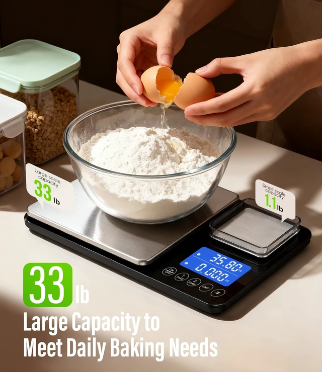 Alt view image 10 of 14 - Digital Dual Platform Kitchen Scale, 33 lb Large & 1.1 lb Mini Food Scale with Dual-Line LCD Display, Stainless Steel, High Precision for Baking, Cooking, and Meal Prep