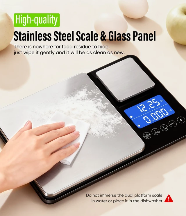 Alt view image 14 of 14 - Digital Dual Platform Kitchen Scale, 33 lb Large & 1.1 lb Mini Food Scale with Dual-Line LCD Display, Stainless Steel, High Precision for Baking, Cooking, and Meal Prep
