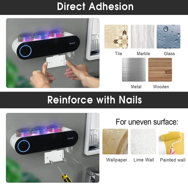 Alt view image 13 of 14 - UV Toothbrush Sanitizer Holder Wall Mount Toothpaste Dispenser, 3-Cup | Auto-Cycle Disinfection Toothbrush Holders UV Toothbrush Sanitizer & Toothpaste Dispenser, Breathing Light