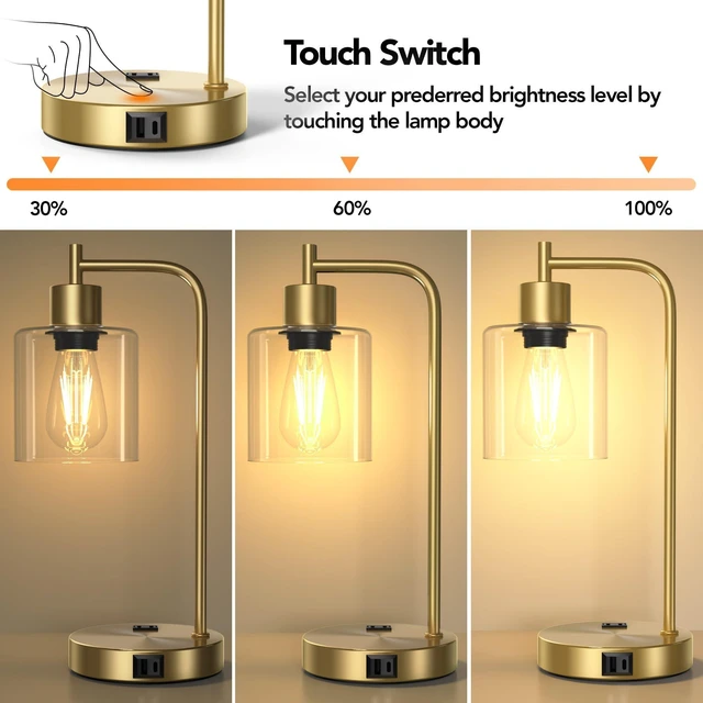 Alt view image 9 of 14 - Set of 2 Industrial Table Lamps, Glass Desk Lamp for Living Room | USB A+C Charging Ports, Touch Control Metal Beside Lamp, Two 2700K LED Bulbs, 3 Way Dimmable