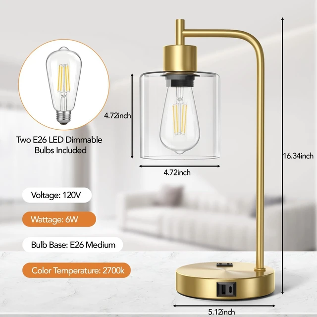 Alt view image 10 of 14 - Set of 2 Industrial Table Lamps, Glass Desk Lamp for Living Room | USB A+C Charging Ports, Touch Control Metal Beside Lamp, Two 2700K LED Bulbs, 3 Way Dimmable