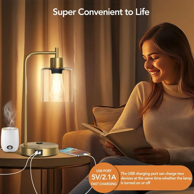 Alt view image 13 of 14 - Set of 2 Industrial Table Lamps, Glass Desk Lamp for Living Room | USB A+C Charging Ports, Touch Control Metal Beside Lamp, Two 2700K LED Bulbs, 3 Way Dimmable