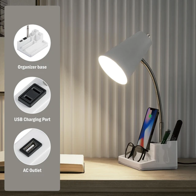 Alt view image 12 of 12 - E26 Desk Lamp with 1 USB Charging Port and 1 AC Outlet, Organizer Base, Adjustable Neck, On/Off Switch, Modern Table Lamp for Reading, Working, Studying (White)