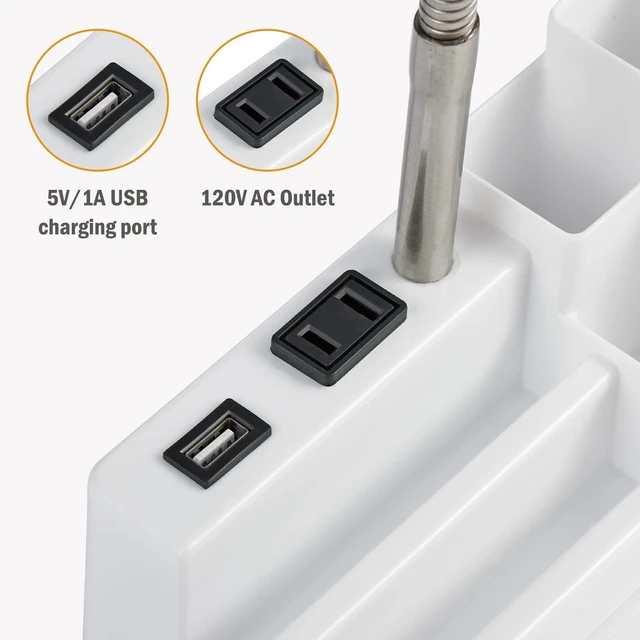 Alt view image 9 of 12 - E26 Desk Lamp with 1 USB Charging Port and 1 AC Outlet, Organizer Base, Adjustable Neck, On/Off Switch, Modern Table Lamp for Reading, Working, Studying (White)