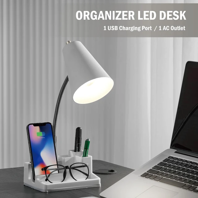 Alt view image 8 of 12 - E26 Desk Lamp with 1 USB Charging Port and 1 AC Outlet, Organizer Base, Adjustable Neck, On/Off Switch, Modern Table Lamp for Reading, Working, Studying (White)