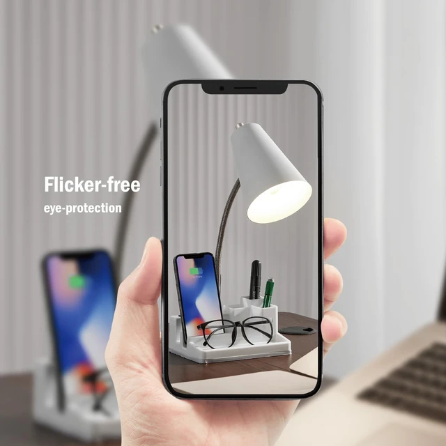 Alt view image 11 of 12 - E26 Desk Lamp with 1 USB Charging Port and 1 AC Outlet, Organizer Base, Adjustable Neck, On/Off Switch, Modern Table Lamp for Reading, Working, Studying (White)