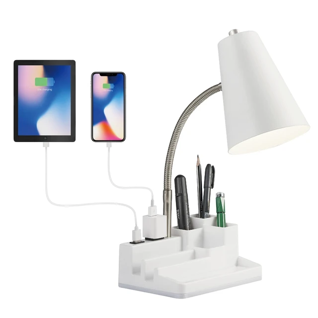 Alt view image 7 of 12 - E26 Desk Lamp with 1 USB Charging Port and 1 AC Outlet, Organizer Base, Adjustable Neck, On/Off Switch, Modern Table Lamp for Reading, Working, Studying (White)