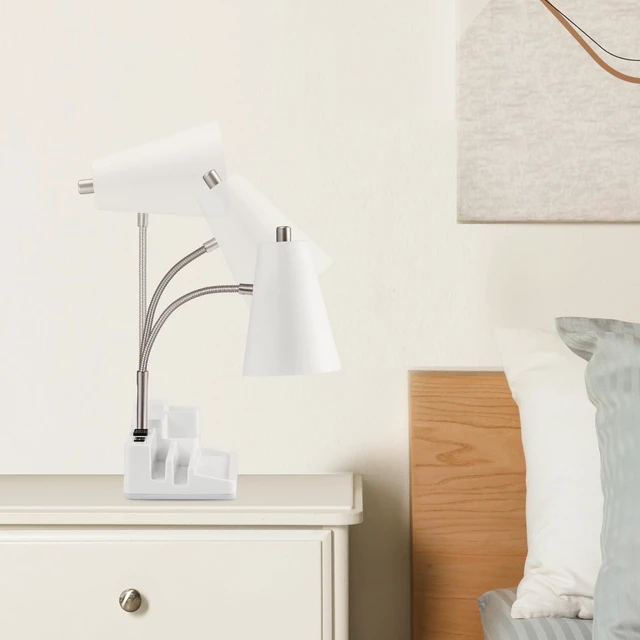 Alt view image 10 of 12 - E26 Desk Lamp with 1 USB Charging Port and 1 AC Outlet, Organizer Base, Adjustable Neck, On/Off Switch, Modern Table Lamp for Reading, Working, Studying (White)