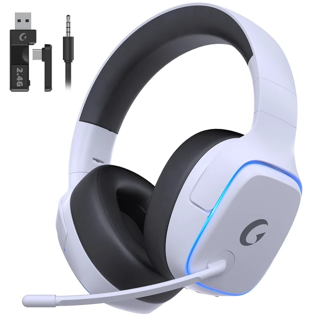 Alt view image 8 of 14 - 2.4GHz Wireless Gaming Headsets for PS5, PS4, PC, Switch, White | Bluetooth 5.3 Gaming Headphones with Noise Canceling Mic, 7.1 Surround Sound, 70H Battery, Blue Lighting