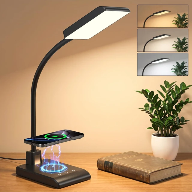 Alt view image 8 of 14 - Desk Lamp with Wireless Charger, Desk Lamps for Home Office Night Light | 3 Color Modes with Stepless Dimming, CRI 90+, 1000lm, 360° Flexible Arm, Eye-Caring Study Lamp for College Dorm Room