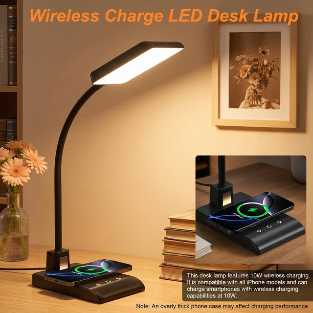 Alt view image 10 of 14 - Desk Lamp with Wireless Charger, Desk Lamps for Home Office Night Light | 3 Color Modes with Stepless Dimming, CRI 90+, 1000lm, 360° Flexible Arm, Eye-Caring Study Lamp for College Dorm Room