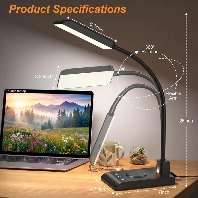 Alt view image 9 of 14 - Desk Lamp with Wireless Charger, Desk Lamps for Home Office Night Light | 3 Color Modes with Stepless Dimming, CRI 90+, 1000lm, 360° Flexible Arm, Eye-Caring Study Lamp for College Dorm Room