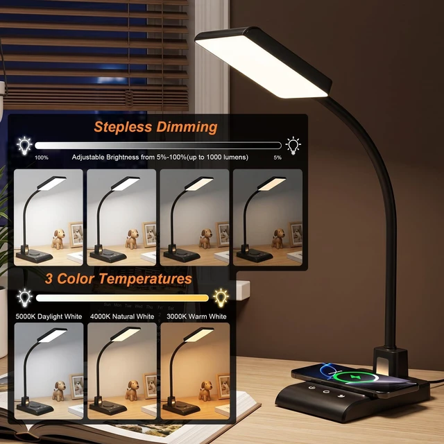 Alt view image 11 of 14 - Desk Lamp with Wireless Charger, Desk Lamps for Home Office Night Light | 3 Color Modes with Stepless Dimming, CRI 90+, 1000lm, 360° Flexible Arm, Eye-Caring Study Lamp for College Dorm Room