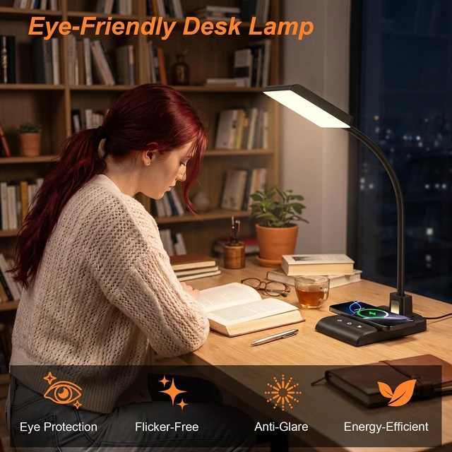 Alt view image 13 of 14 - Desk Lamp with Wireless Charger, Desk Lamps for Home Office Night Light | 3 Color Modes with Stepless Dimming, CRI 90+, 1000lm, 360° Flexible Arm, Eye-Caring Study Lamp for College Dorm Room