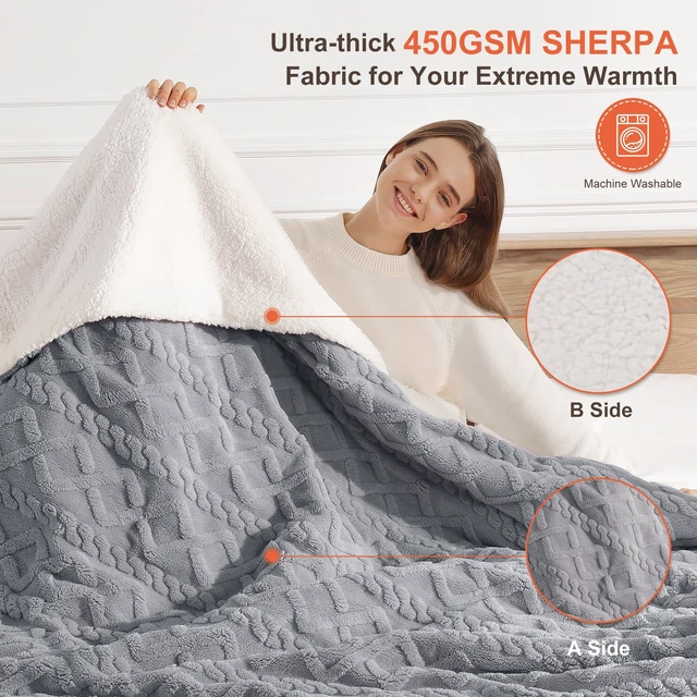 Alt view image 11 of 14 - Electric Blanket Twin Heated Blanket-Sherpa Twin Heating Blanket, Dark Gray | 450gsm Ultra-Thick 3D Jacquard Shaggy Sherpa, Faster Heat, Even Warmth No Cold Spots, Lower Energy Cost, for Home Use