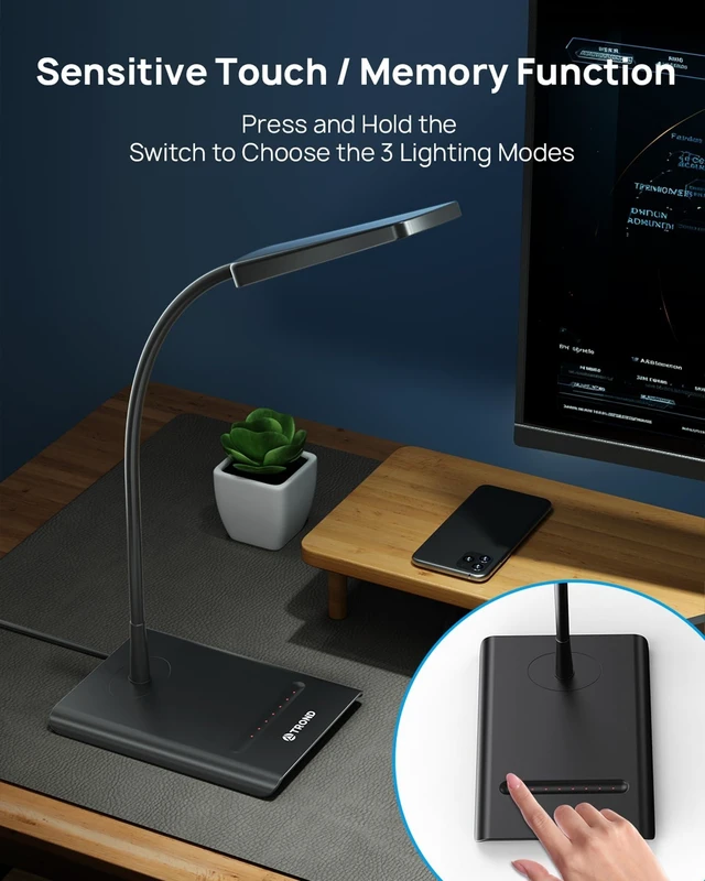 Alt view image 14 of 14 - Desk Lamp, Dimmable Eye-Caring Table Lamp, Memory Function, Black | 3 Color Modes 7 Brightness Levels, Flexible Gooseneck, Touch Control, Desk Light for Home Office Dorm Room Essentials